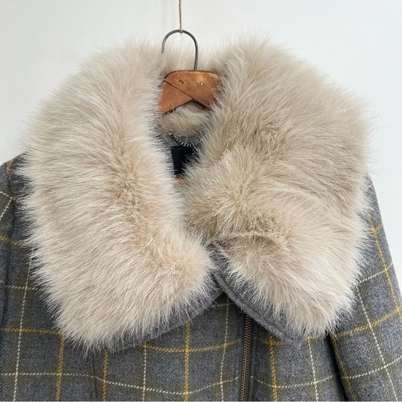 Banana Republic Women’s Faux Fur Plaid Moto Jacket Coat Wool Blend Gray Yellow M - Picture 7 of 16
